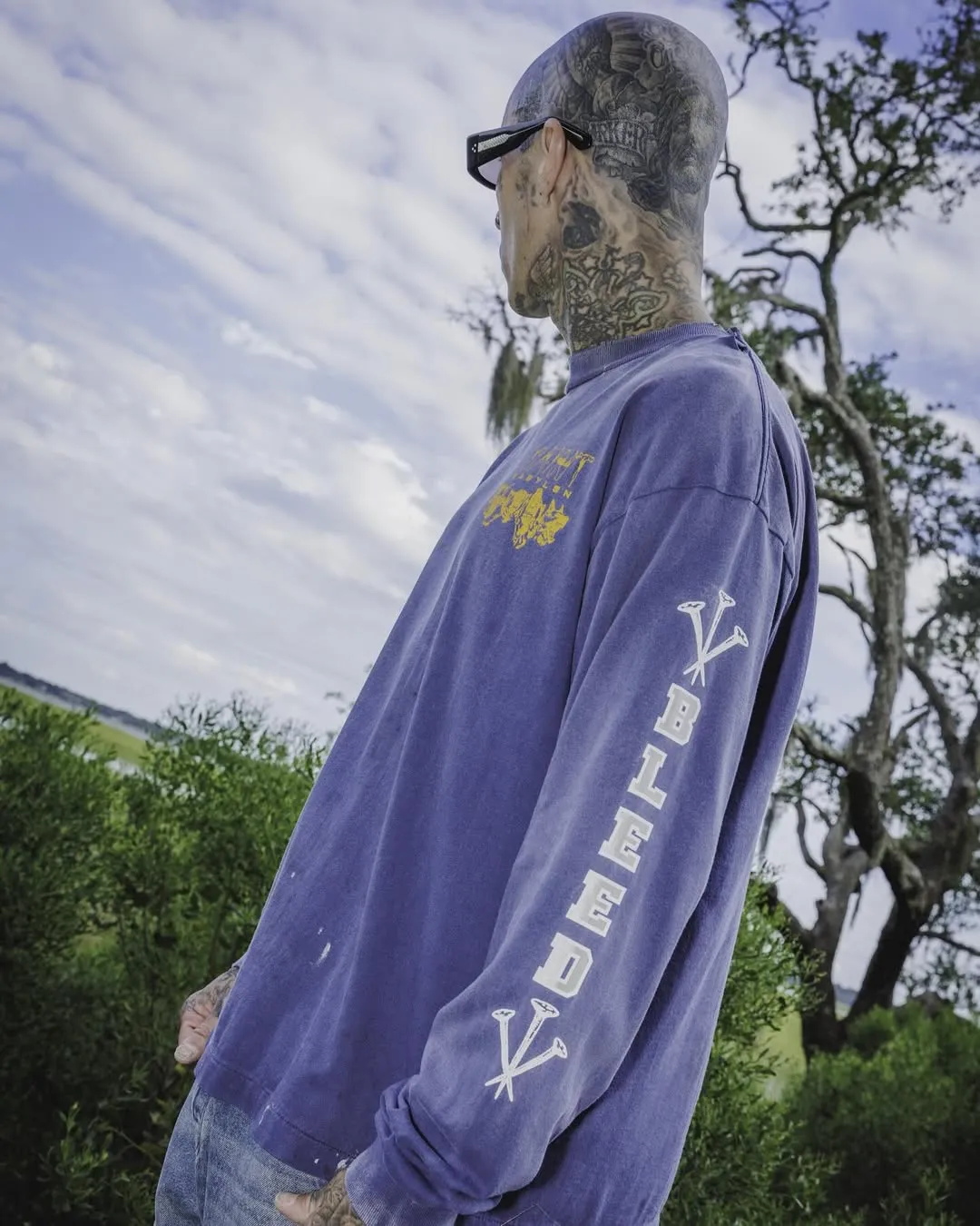 SAINT Mxxxxxx × BABYLON BBLN_LS TEE/SAINT BABYLON/NVY/BABYLON co-branded style Wolf head SAINT/nail distressed long sleeves Washed blue S-XL Completely matched Tube weaving fabric without side seams Garment dyeing Maliu water faded distressing Simulated sun fading treatment Natural fading Handmade holes and frayed Ink splashing treatment Correct main mark/wash mark/little angel anti-counterfeiting mark